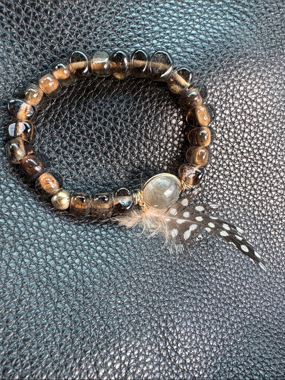 Smoky Brown Beaded Stretch Bracelet with Feather Charm